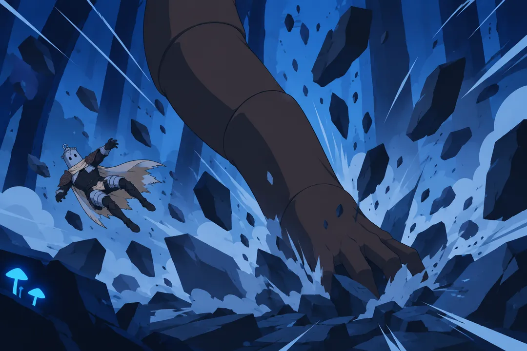Extreme close-up on the point where a huge dark limb-shape smashes through rock among the black tree trunks.