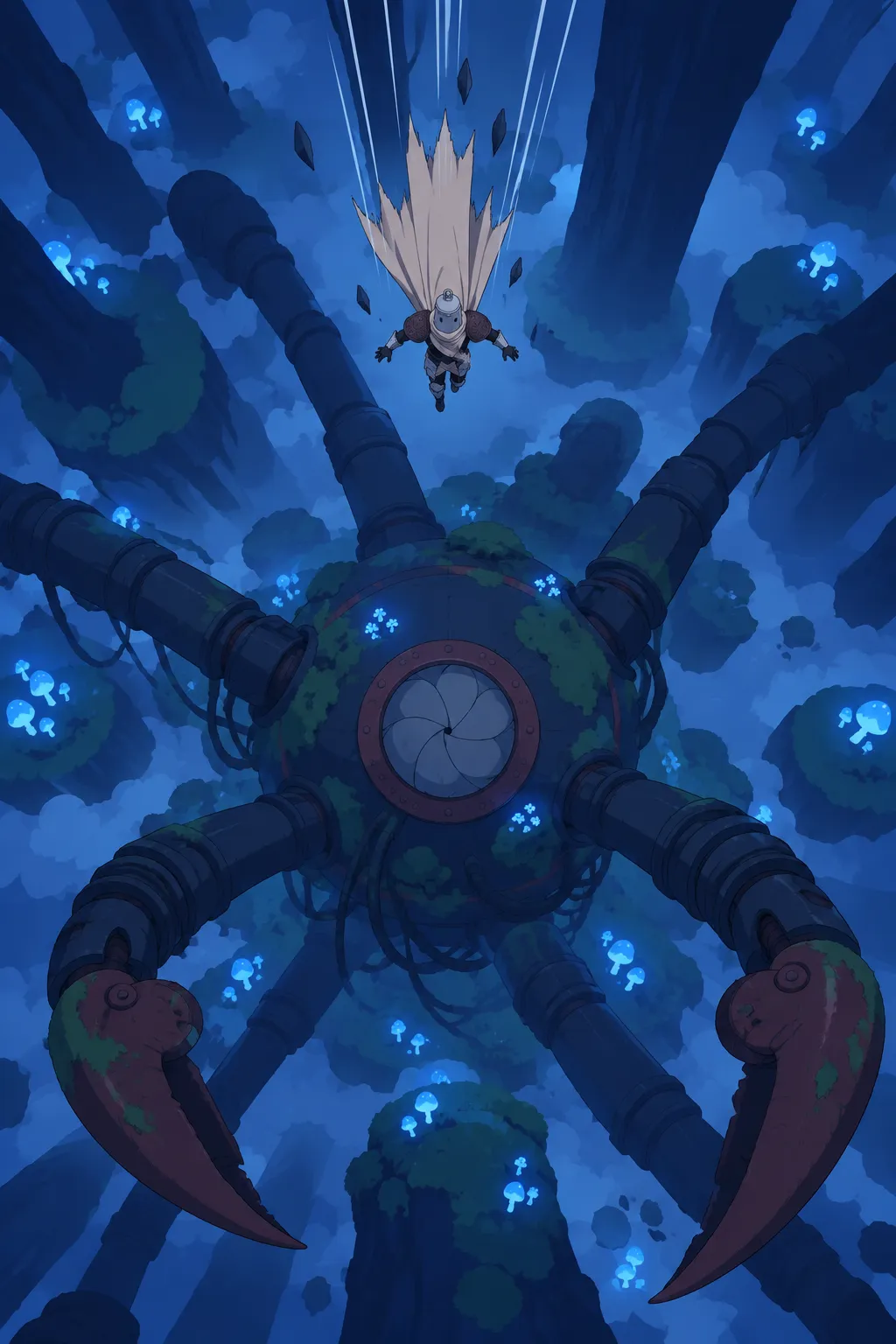 The full reveal from far above: the alien machine's round body and splayed segmented legs and claws spread wide beneath.