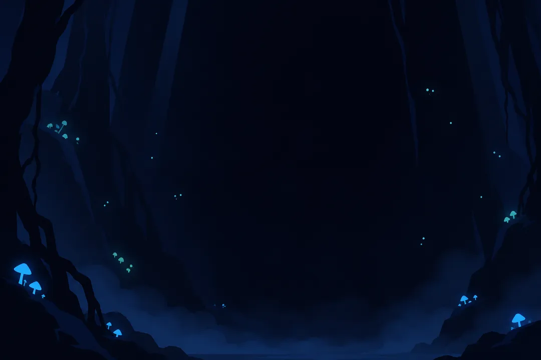 An almost empty panel: the void closes into near black, only faint glowing green moss patches and thin distant streaks of light remain…