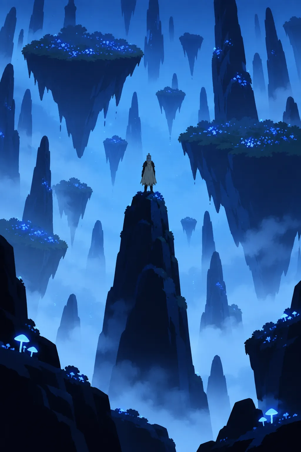 A wide establishing view of a new place: misty floating rock islands covered in tiny blue glowing flowers hang among tall spire-like…