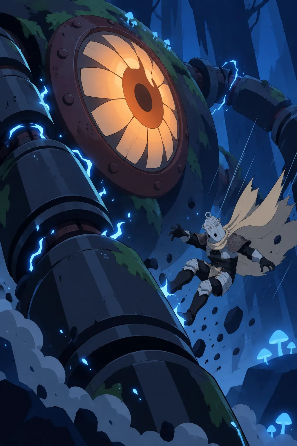Lanterne falls close beside the alien machine's massive segmented limb, its huge lens beginning to glow orange as it opens.