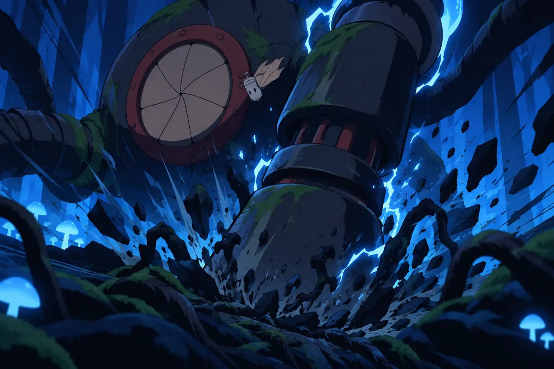 Extreme close-up on the machine's massive fist-like limb slamming into the mossy root-covered ground.