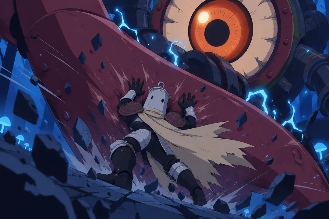 Extreme close-up on the point of contact where Lanterne's small body is crushed flat against the curved dark red claw.