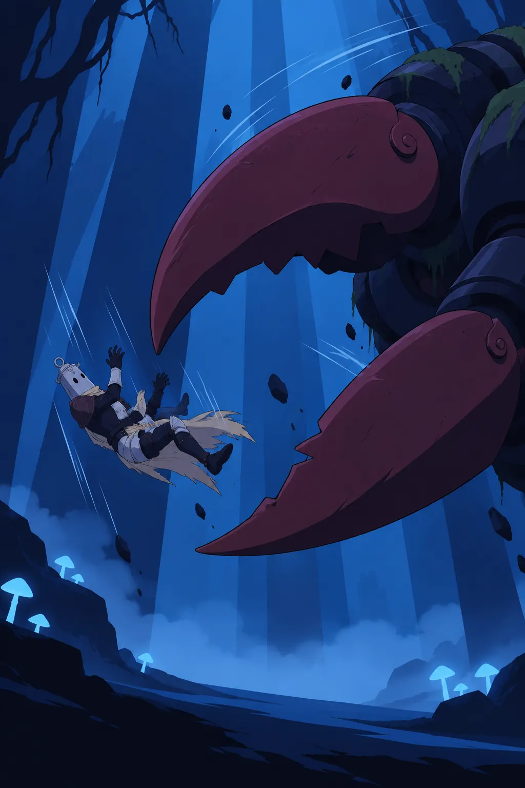 Wide tall shot from low angle, Lanterne's small falling body tiny against the vast blue-misted forest pillars as the alien machine's…
