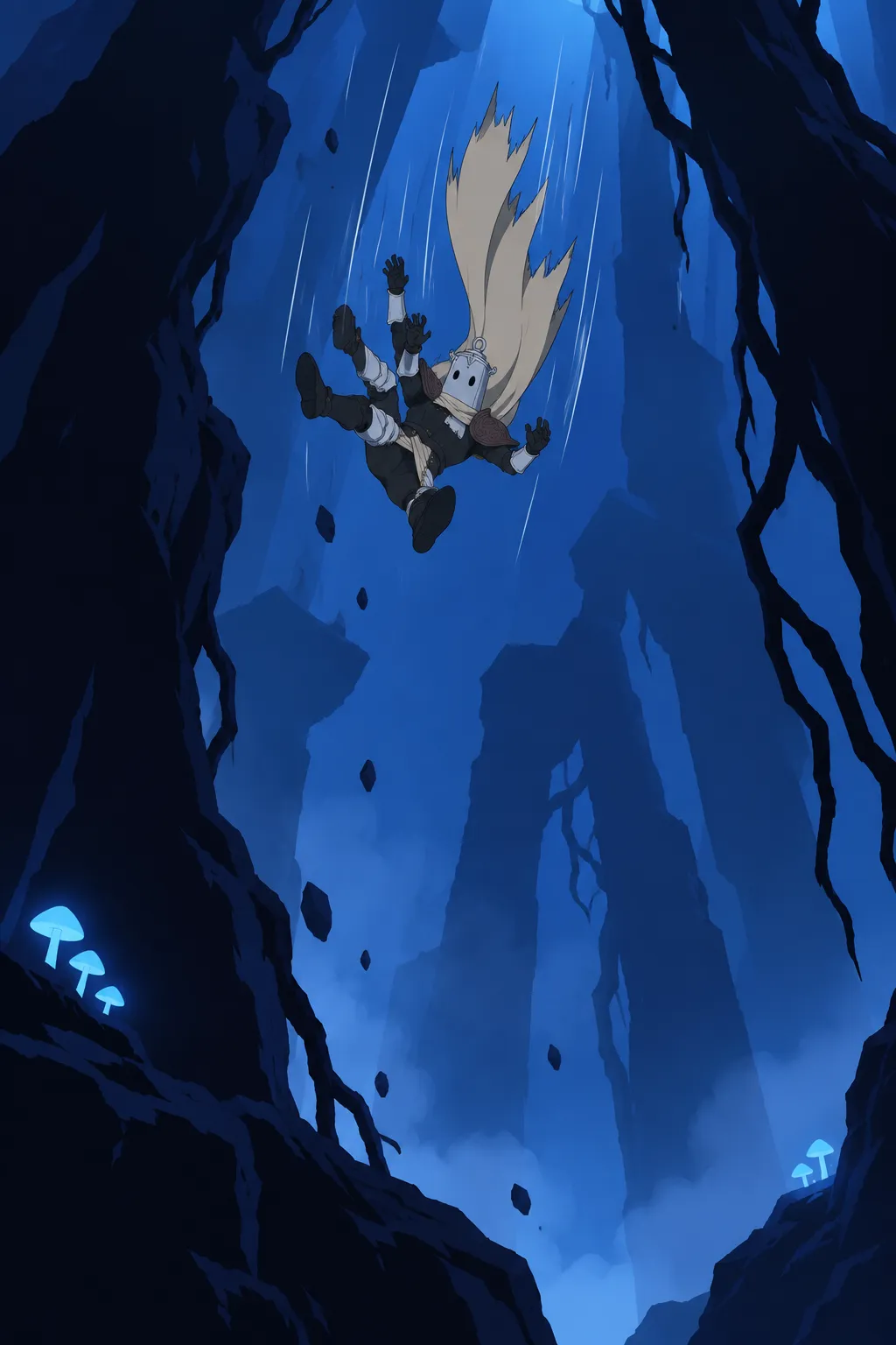 Lanterne falls between two dark tree-like rock formations, small against the blue-lit chasm, cape trailing upward above his tumbling shape.