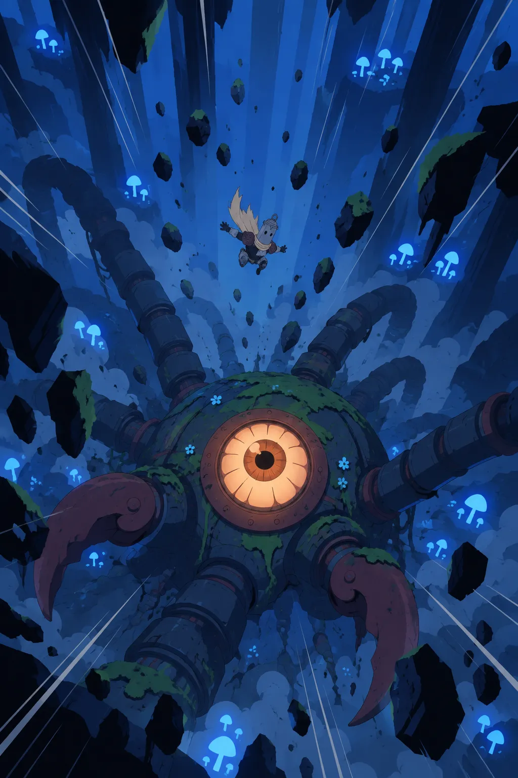 Tall vertical shot from above: Lanterne's small tumbling body falls toward the colossal alien machine below.