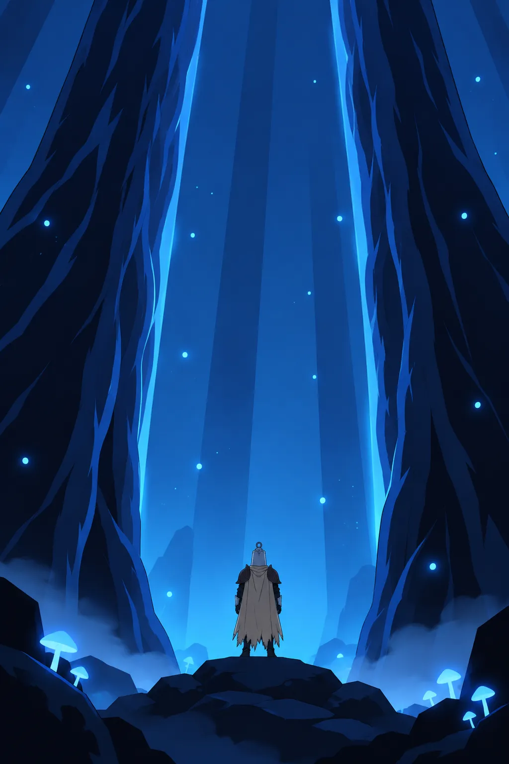 A fragment view between two colossal glowing blue tree trunks, their ridged bark filling the foreground in silhouette.