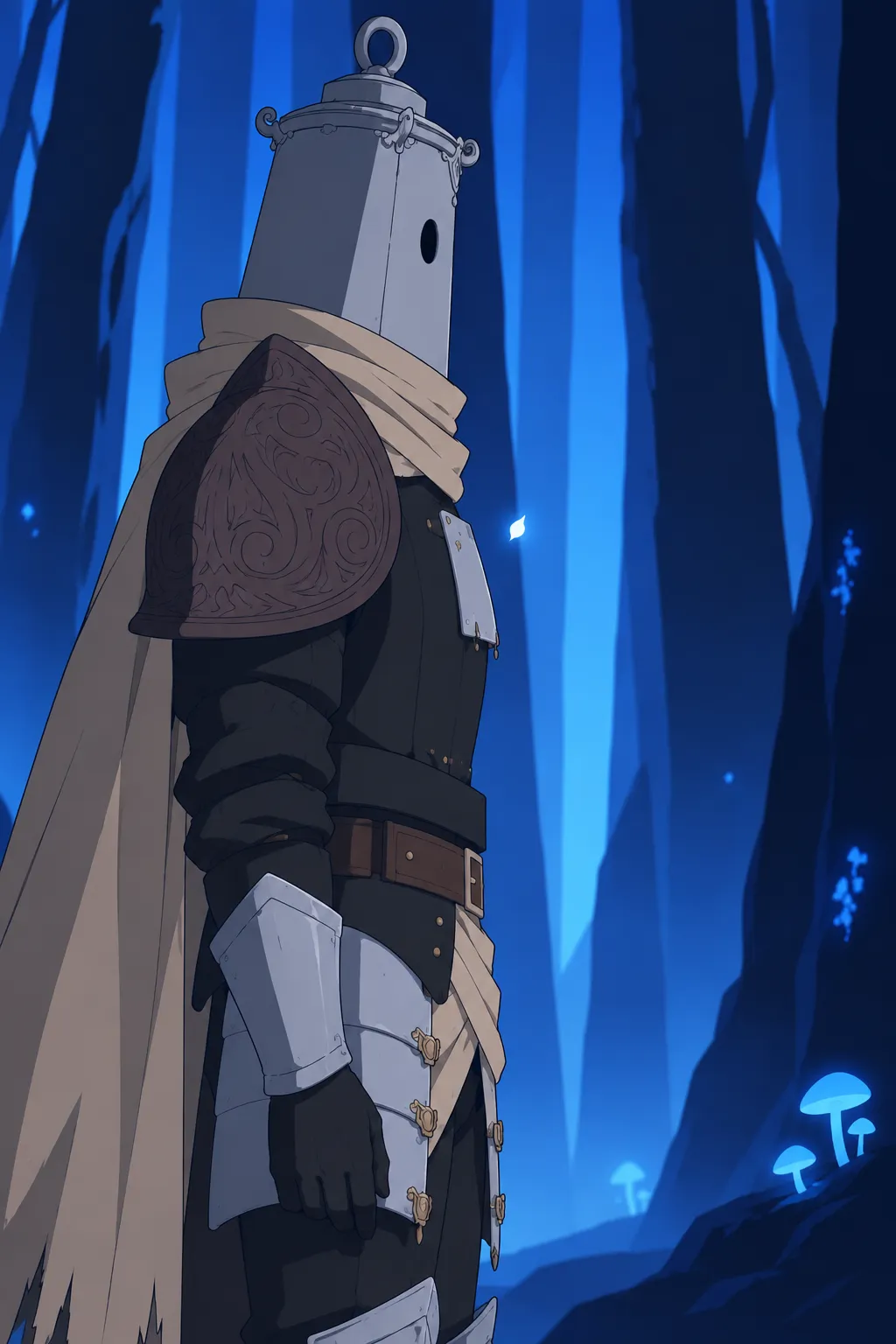 Close side profile of Lanterne's upper body and cape against the glowing blue trunks, his brown belt and buckle visible at the waist.