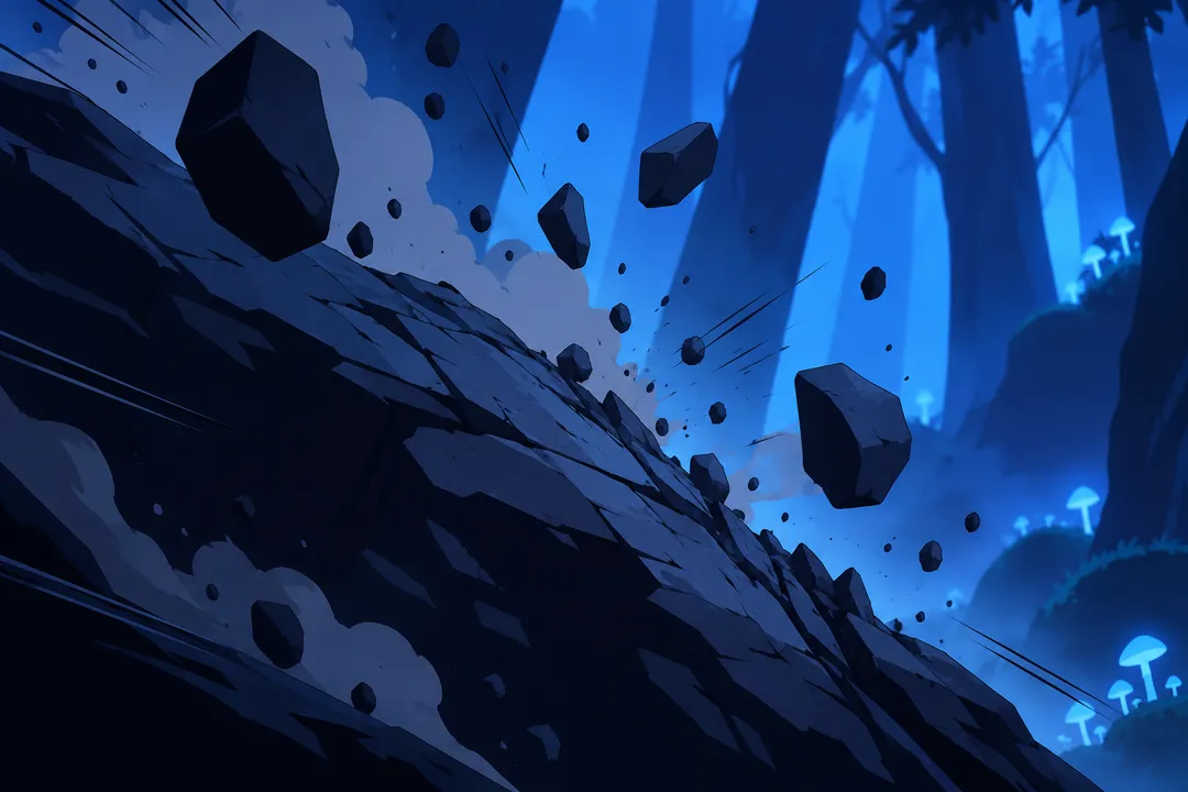 A large rock formation seen wide, small stones and dust flying off its surface as something climbs unseen along it.