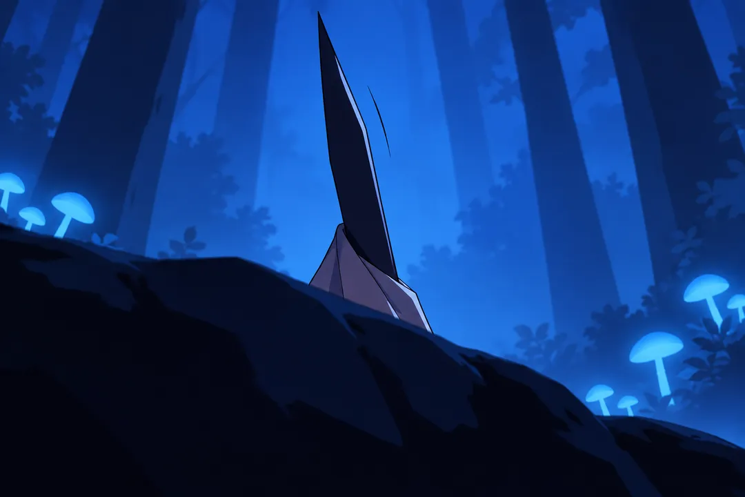 A dark rock silhouette fills the foreground, a thin pointed dark shape rising slowly against the glowing blue light behind it.