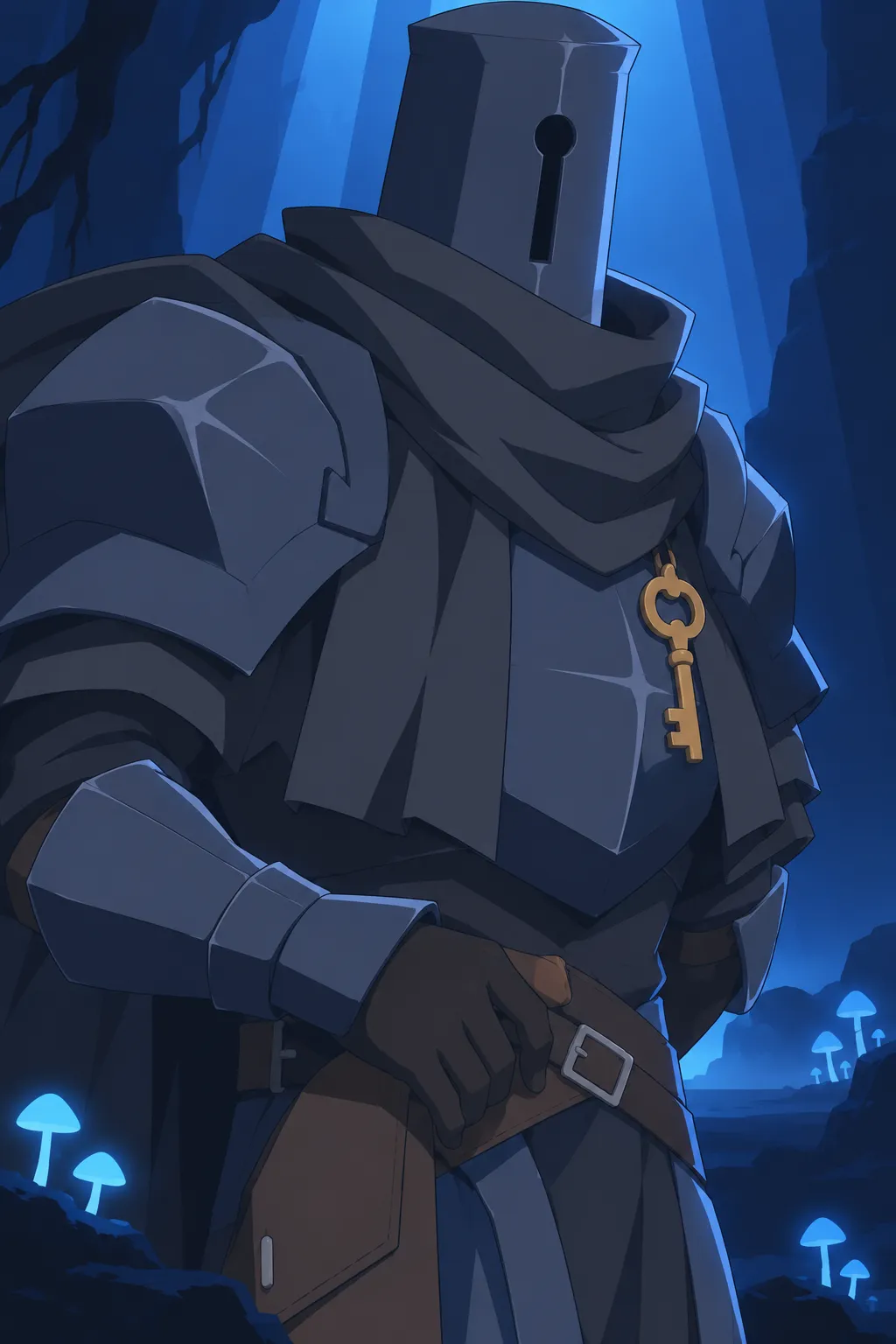 Close-up on Serrure's dark shoulder and neck, the golden key hanging fixed on his chest plate.