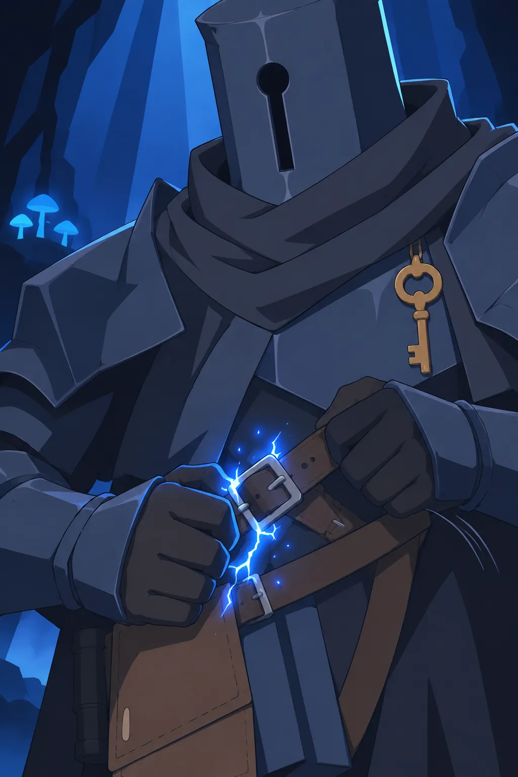 Extreme close-up on Serrure's gloved hand tightening the brown leather strap buckle at his waist.