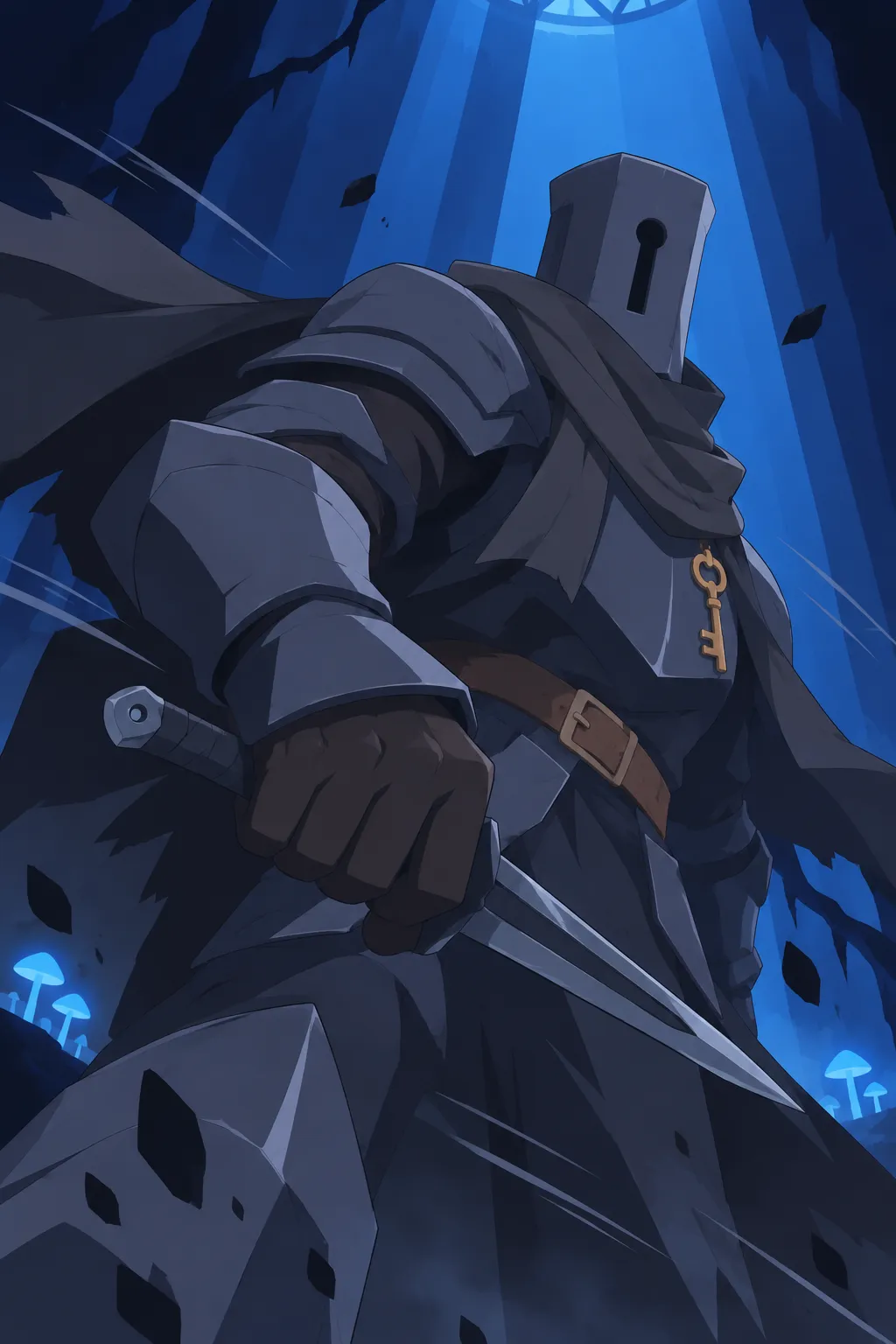 Close-up of Serrure's fist gripping the thin dark knife-like blade tightly, its slender pointed shape clearly readable.