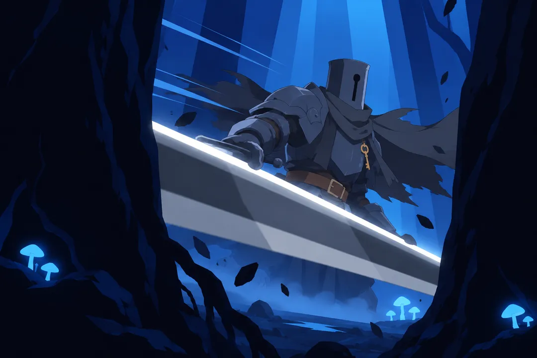 A fragment of the long glowing white-edged blade glimpsed huge between two dark tree trunks in the foreground.