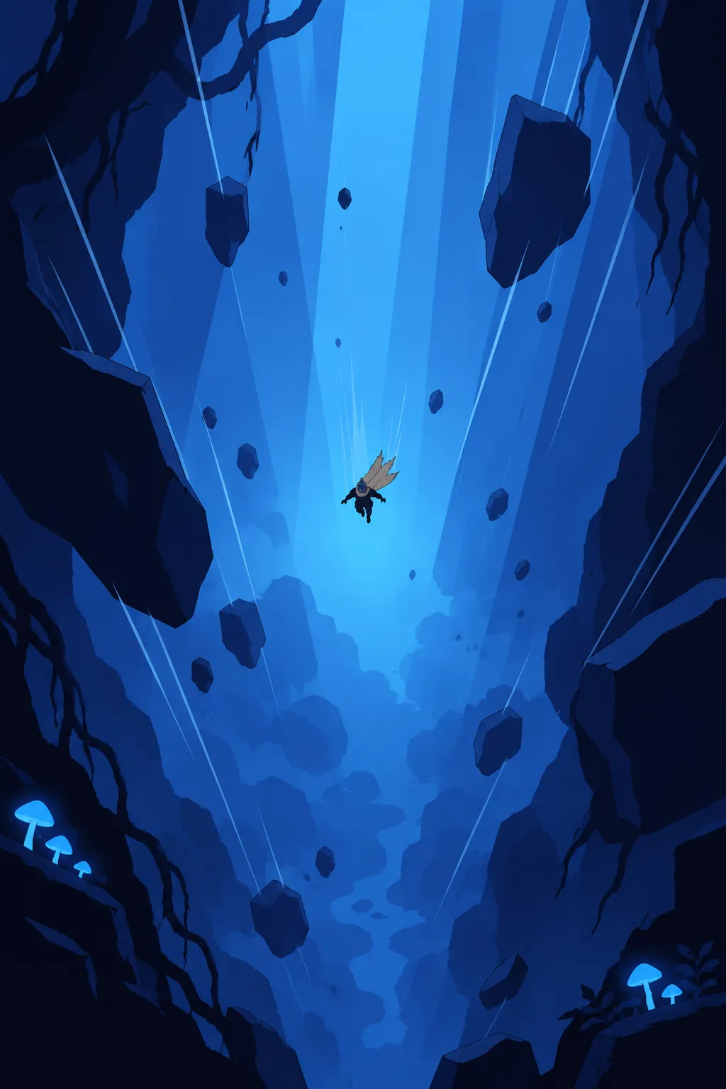 Vast aerial view straight down a colossal shaft of blue light between jagged dark cliff walls.