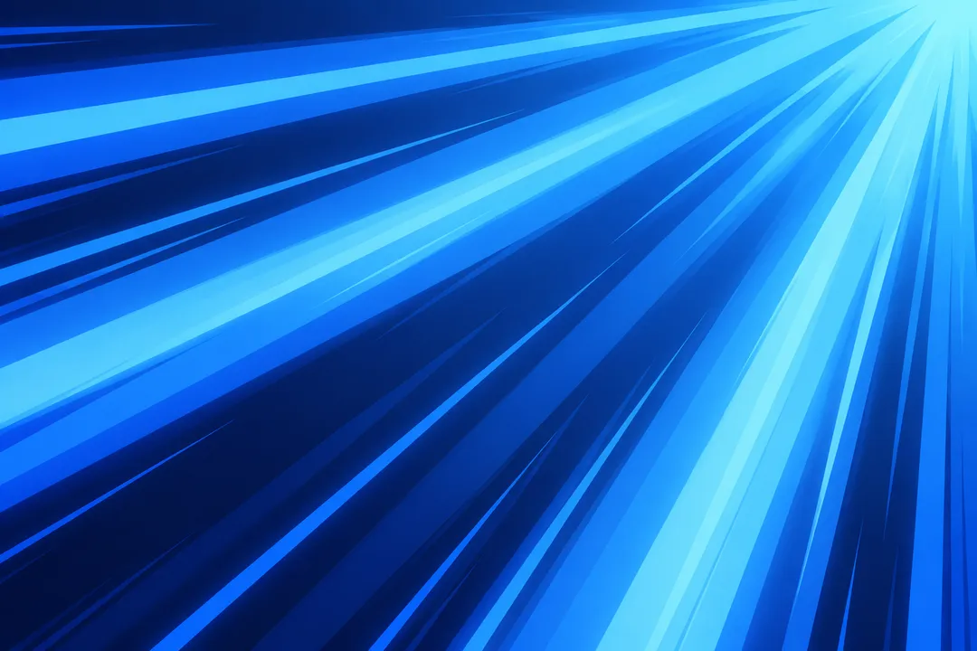 The frame dissolves into bright diagonal blue light rays radiating across the whole panel.
