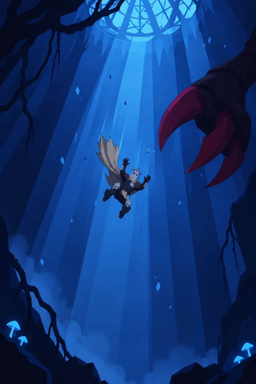 A tiny dark silhouette of Lanterne falls through a vast shaft of radiating blue light beams, arms and cape trailing.