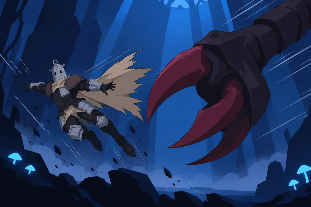 Wide low-angle reveal of the huge dark red segmented claw reaching in from the right, jointed and hooked.