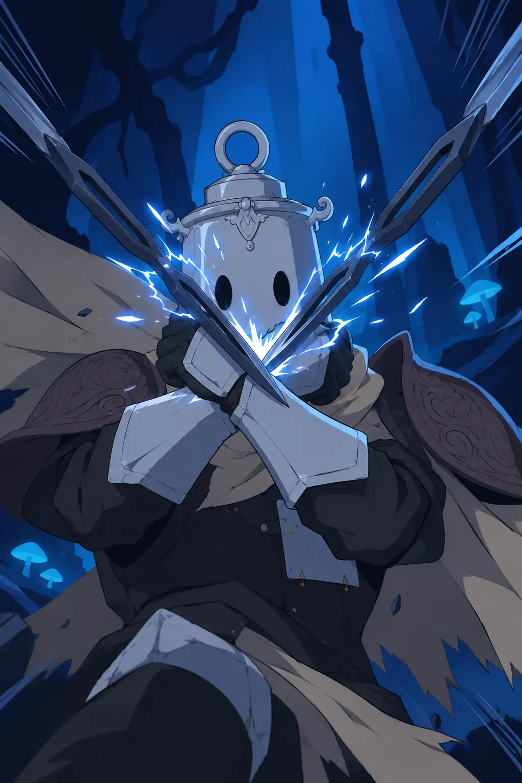 Close on Lanterne's crossed blades striking together right before his helmet, sparks flashing off the dark metal.
