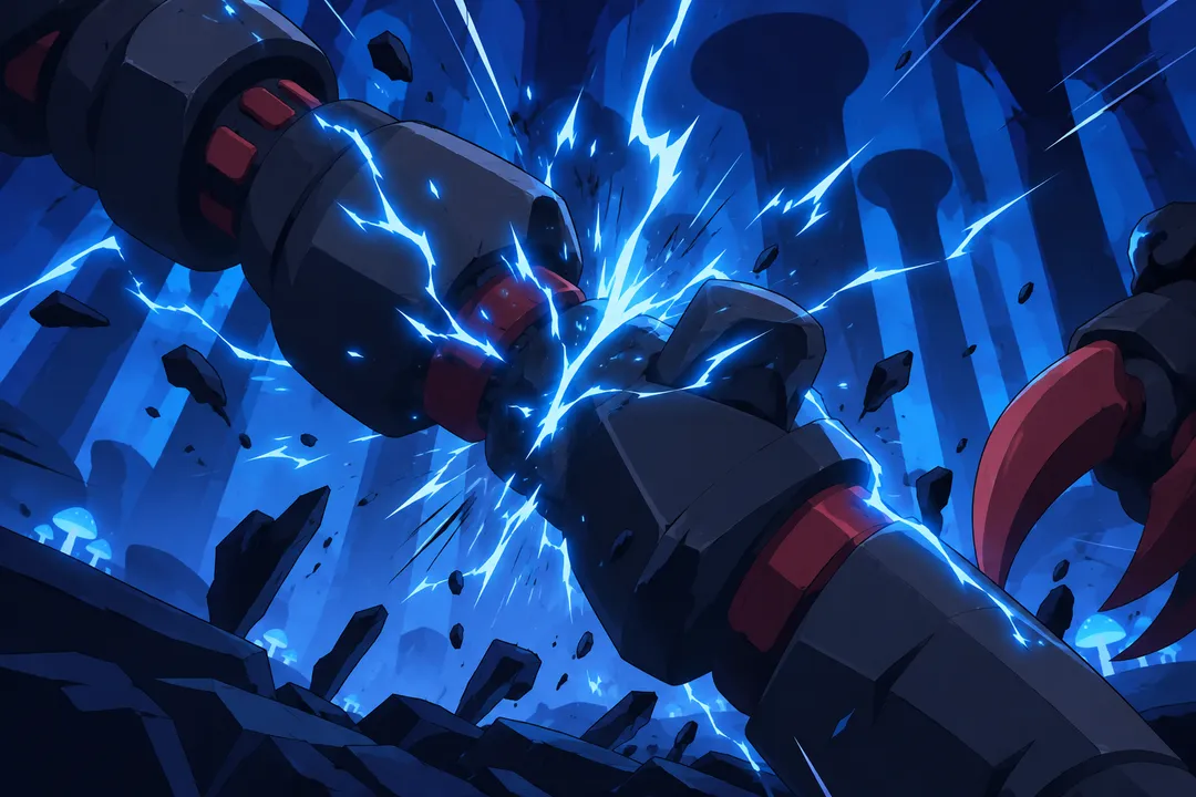 Extreme close-up on the point where the two huge dark segmented limbs with red joints crash together.