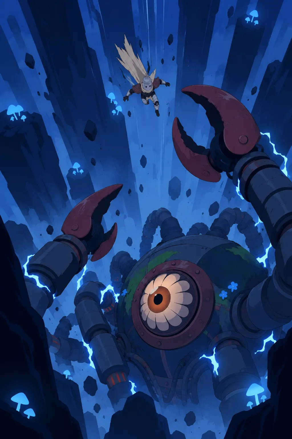 Wide top-down view of Lanterne falling small above the colossal alien machine as it rises among tall dark rock spires.