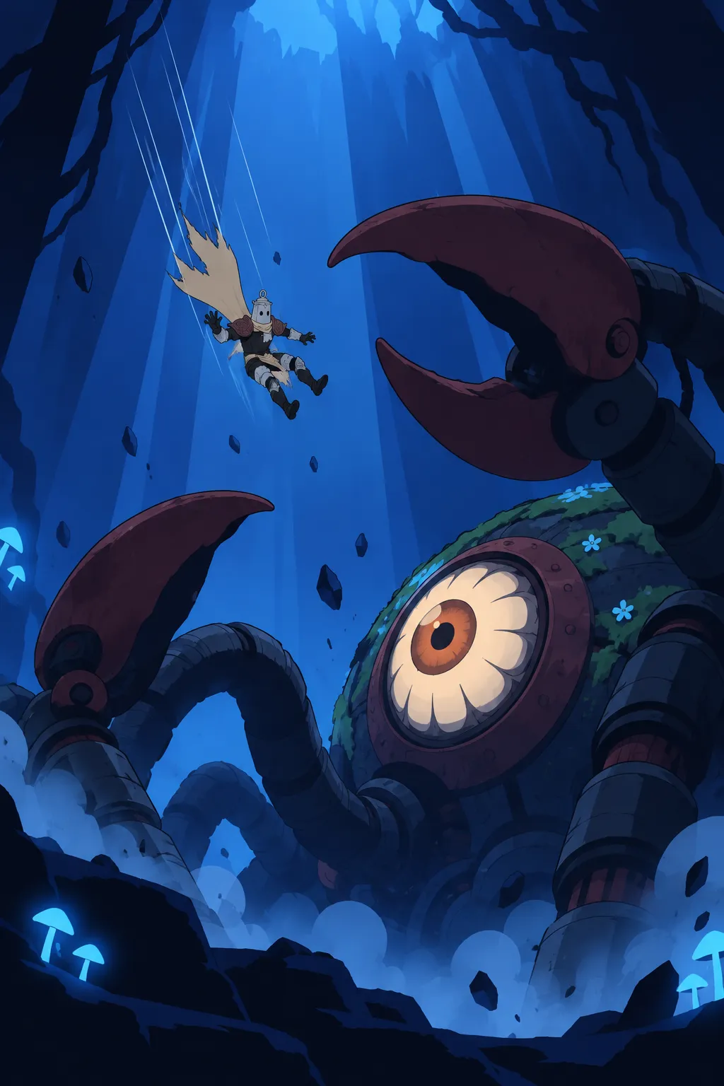 Wide shot of Lanterne falling small and helpless through the blue chasm toward the colossal alien machine.