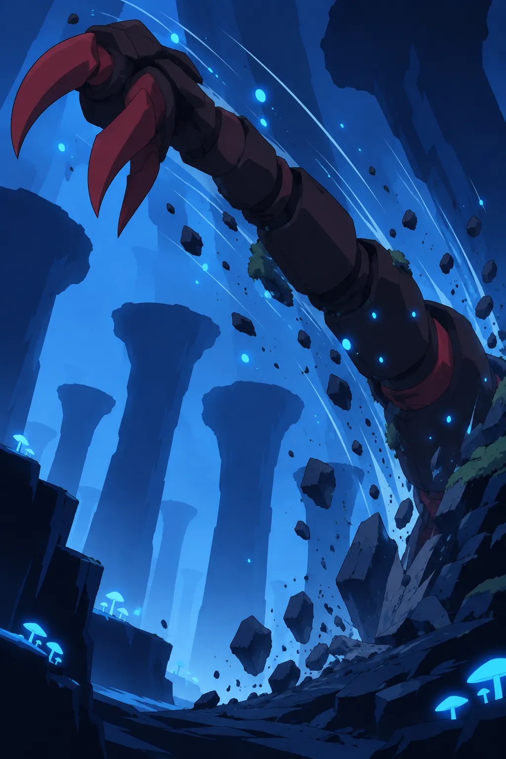 A very tall panel: the huge segmented red-jointed limb rises and twists violently across the chasm between the glowing blue mushroom-stalk…