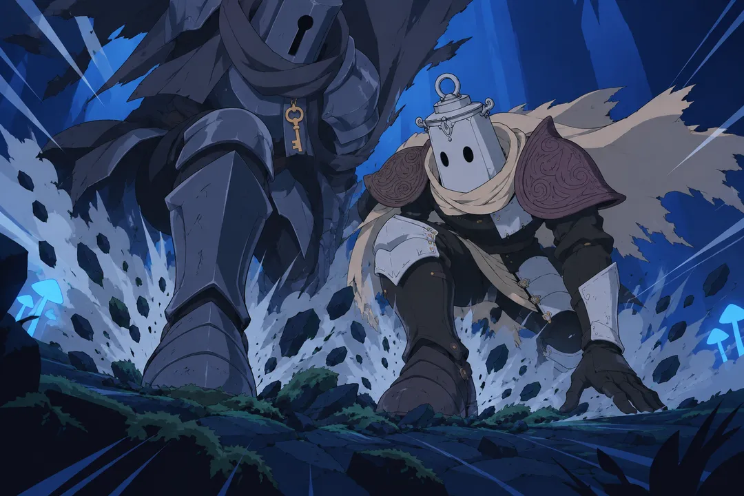 Extreme close-up on Lanterne's boots and knee plates slamming into the mossy ground beside Serrure's boots.