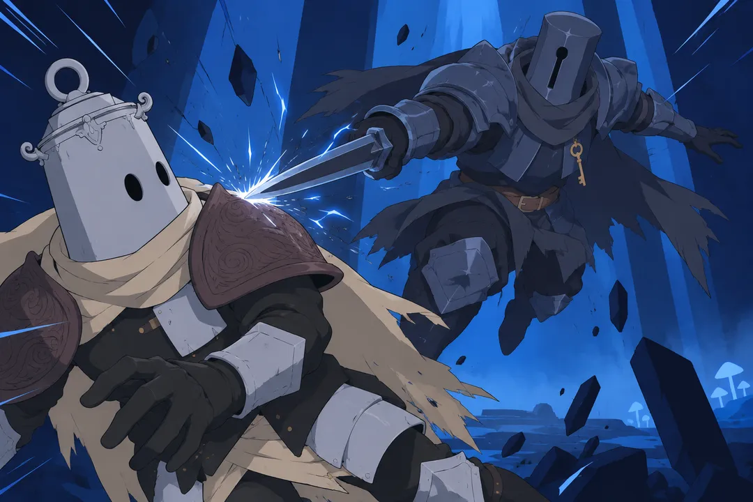 Extreme close-up on the point where Serrure's thrusting blade scrapes past Lanterne's shoulder plate in the falling duel.