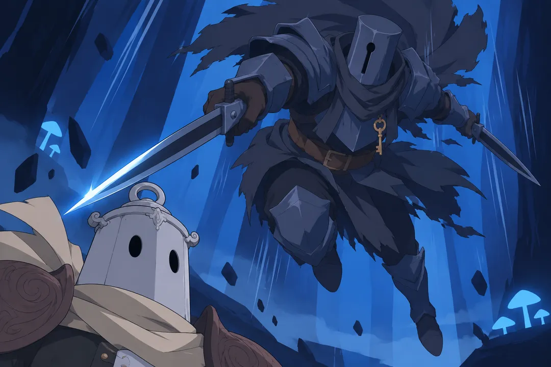 Detail on the second thin dark blade in Serrure's outstretched hand swinging close toward Lanterne.