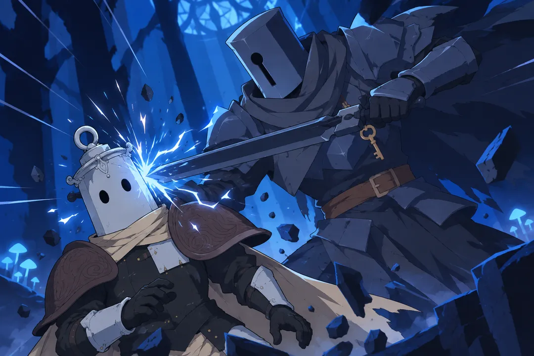Extreme close-up on the exact point where the flat of Serrure's blade slams into the side of Lanterne's lantern-shaped helmet.