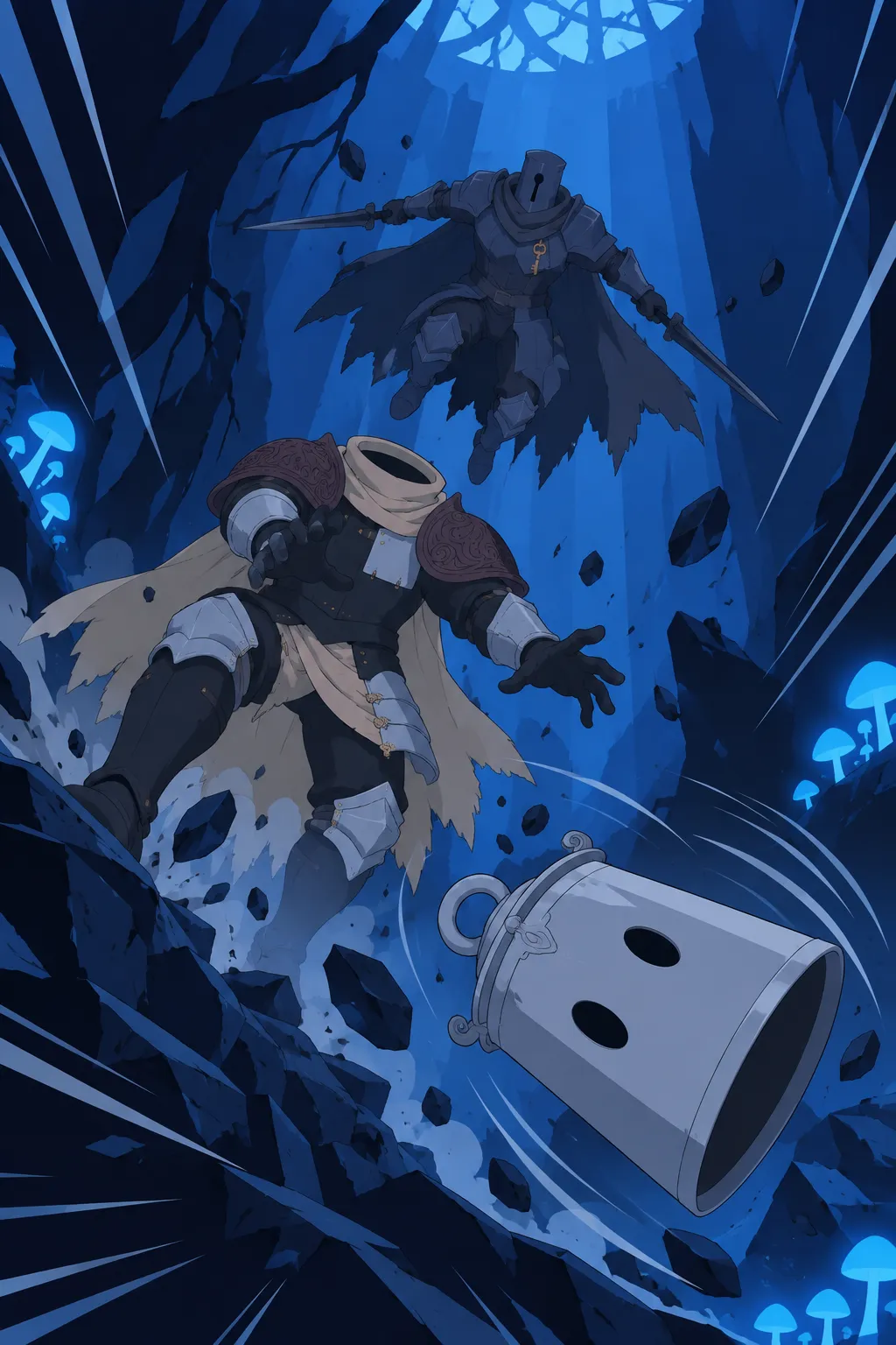 The pale lantern-shaped helmet spins loose through the dark air, tumbling end over end away from Lanterne's headless armour.