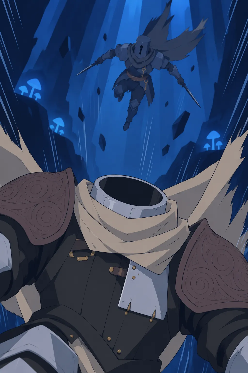 Extreme close-up on Lanterne's chest plate and the dark hollow neck opening above the cream scarf where the helmet used to sit.