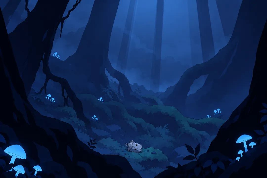 The lantern-shaped helmet strikes distant mossy roots far below and rolls to a stop, alone in the frame.