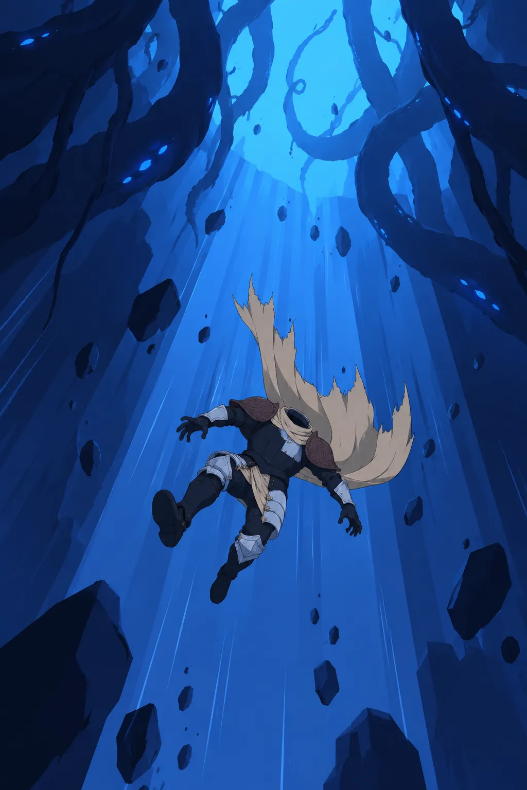 Lanterne falls alone through a wide radiant chasm, colossal dark segmented root-tendrils framing the top of the shaft far above him.