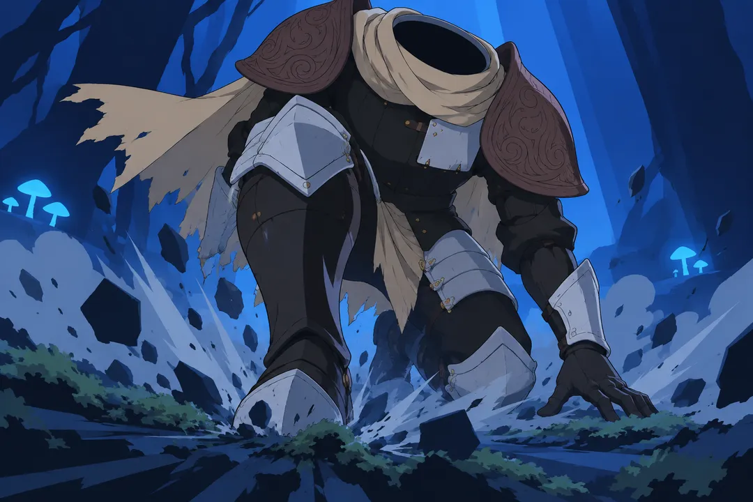 Extreme close-up on Lanterne's boots and knees hitting the mossy ground below the chasm.
