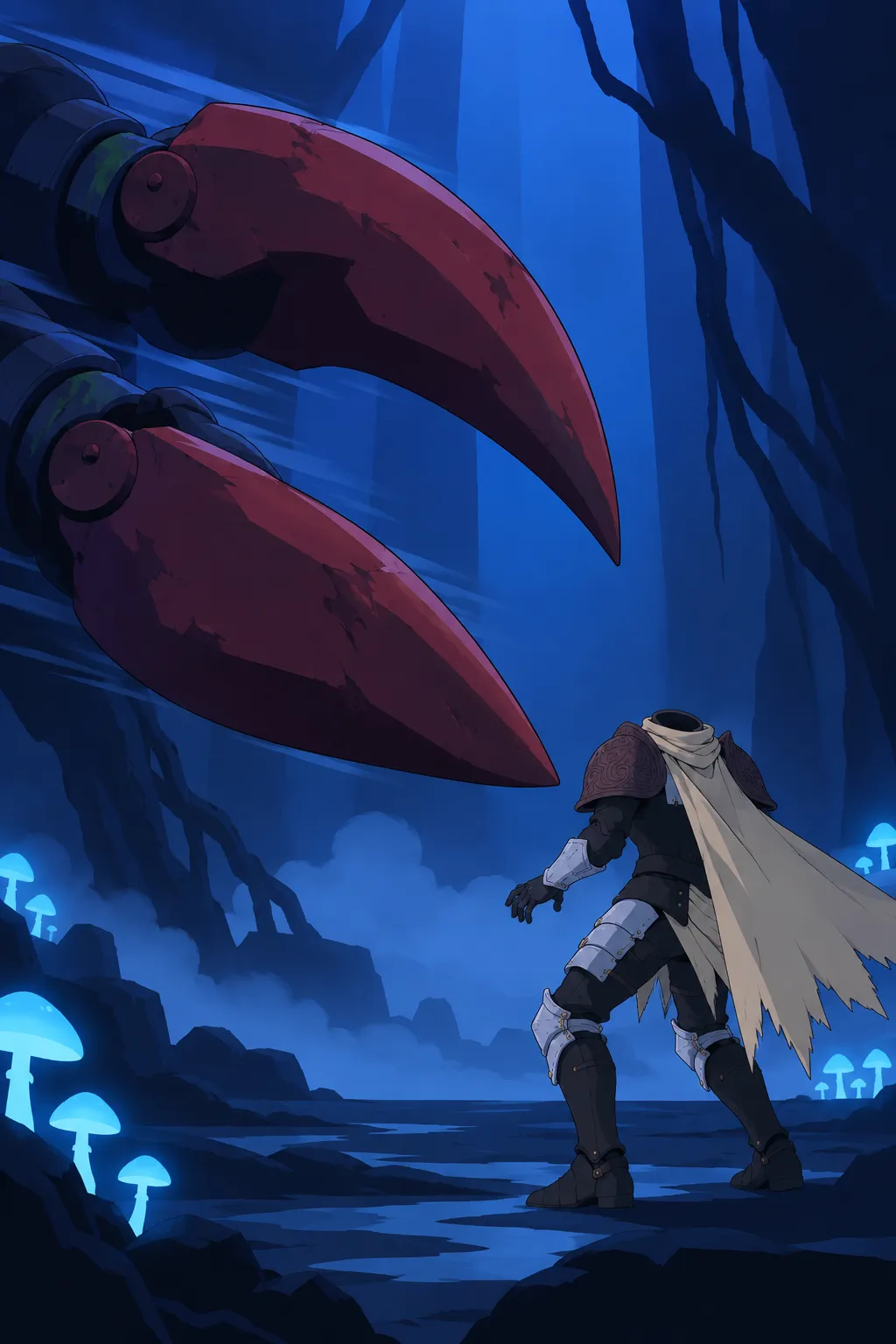 Lanterne's small silhouette turns rigidly toward the two enormous dark red pincer claws closing in from the blue haze.