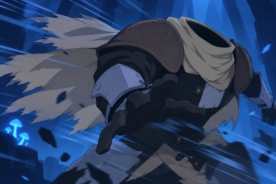 Extreme close-up on a gloved gauntlet hand gripping the thin dark blade tightly, the image blurred with fast motion.