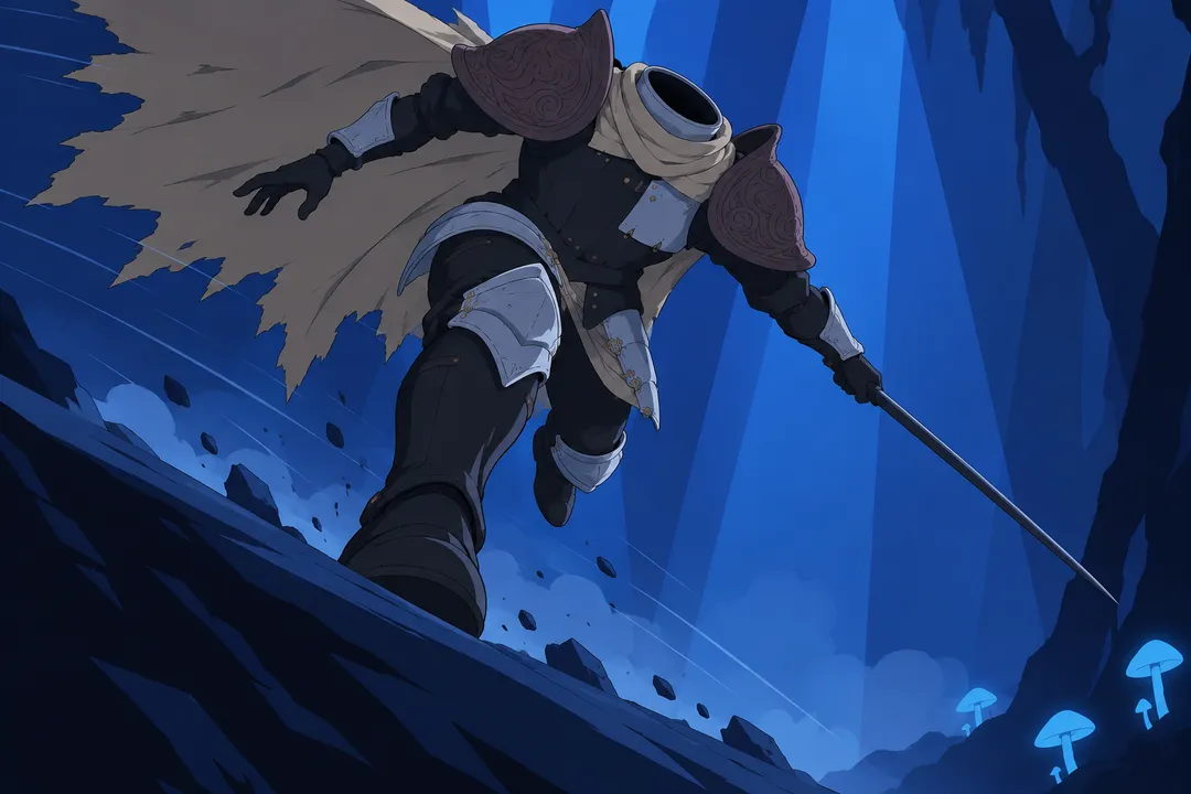Extreme close-up on Lanterne's boots leaping along a steep dark slope, cape stretched behind him, a thin dark blade held out to the side.