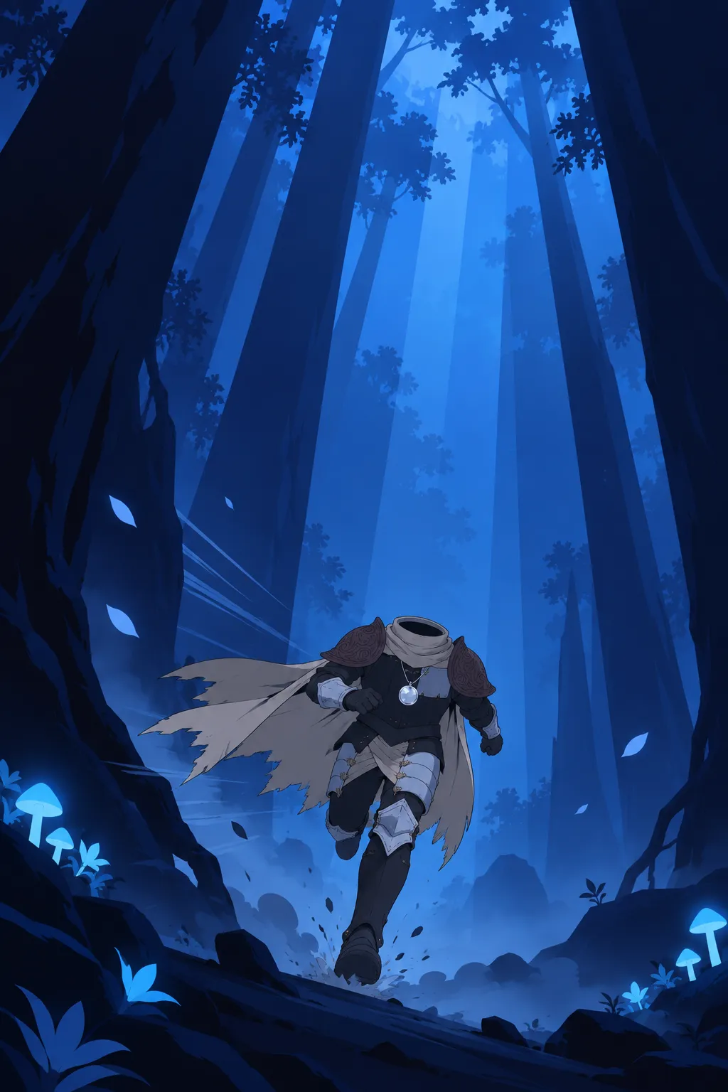 Wide low angle reveal: Lanterne's small silhouette runs forward between towering dark trunks and blue light shafts.