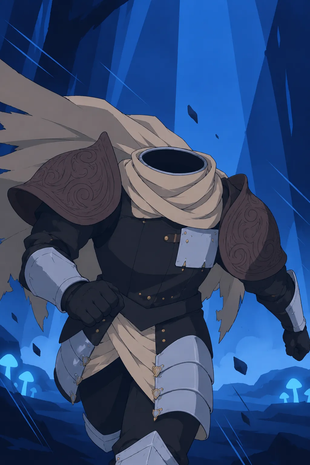 Close view of Lanterne's helmet-shaped head and shoulders as he continues running forward, cream scarf and bronze pauldrons visible.