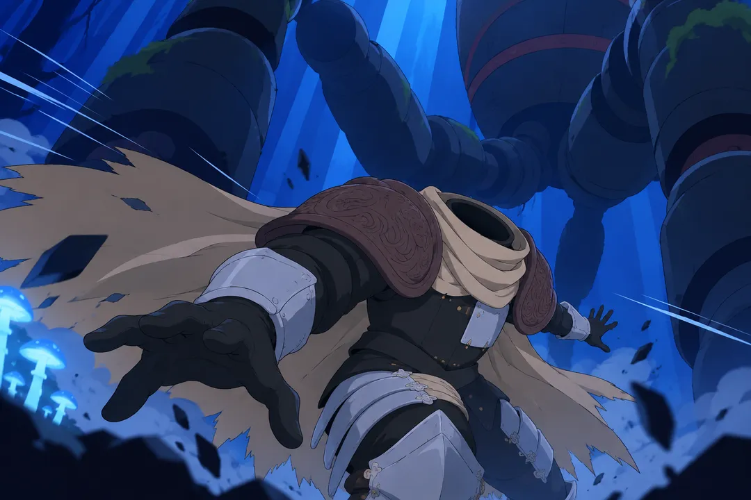 Close-up on Lanterne's arm and shoulder swinging the thin dark blade forward violently.