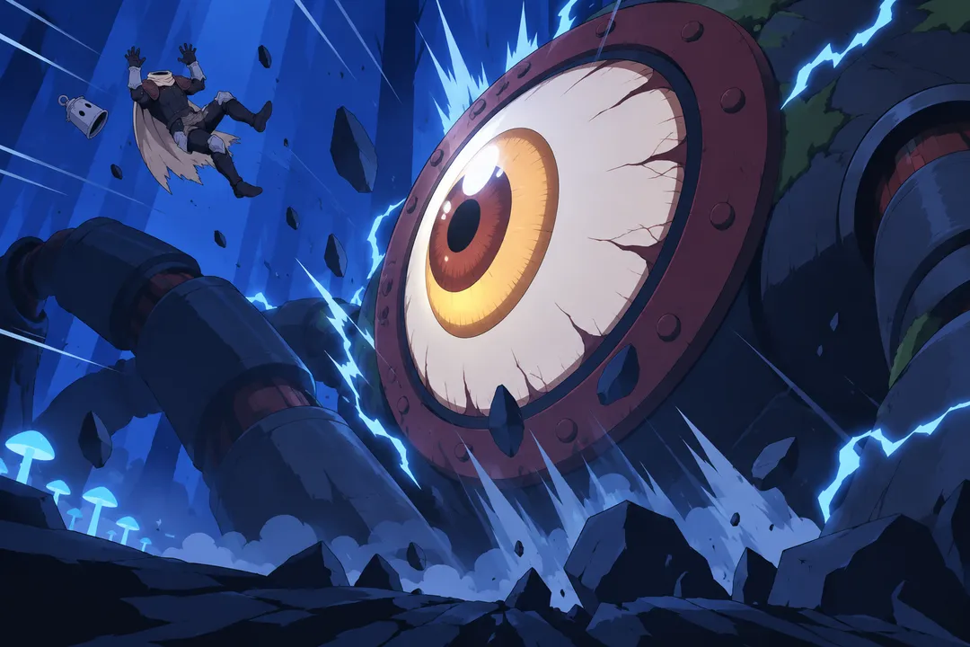 Low angle extreme close-up from below on the machine's giant eye and riveted rim filling most of the frame, its roar erupting.