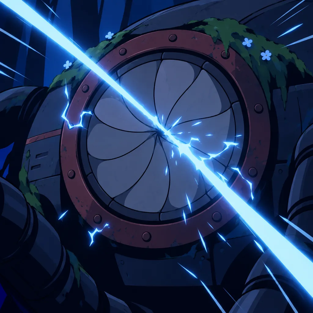Close-up on the machine's giant eye, a thin bright beam of light shooting diagonally across it toward the lower right.