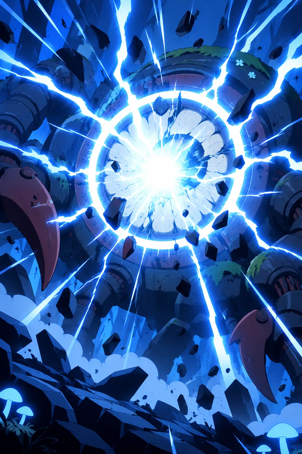Extreme close-up on the exact point of contact where the beam detonates at the center of the machine's eye.