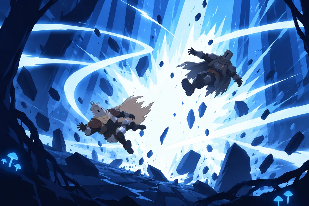 Wide shot of two small silhouetted figures, Lanterne and Serrure, flung violently through the air amid the massive white explosion.