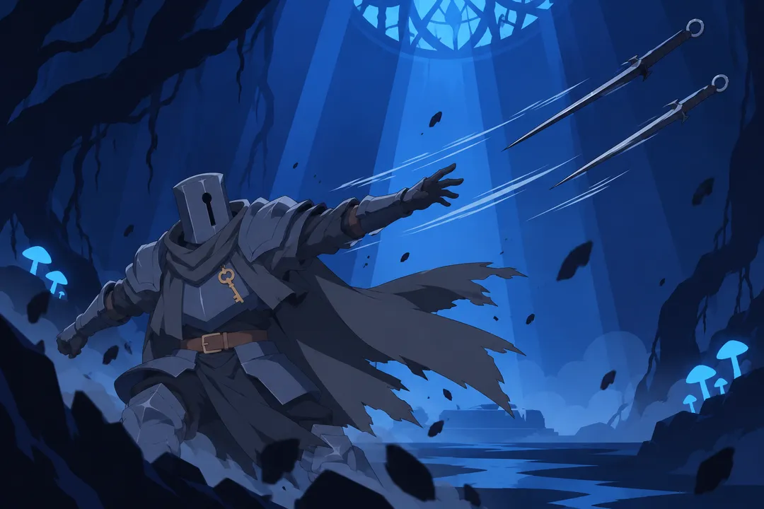 Serrure's arm sweeps out wide against the fading blue glow.