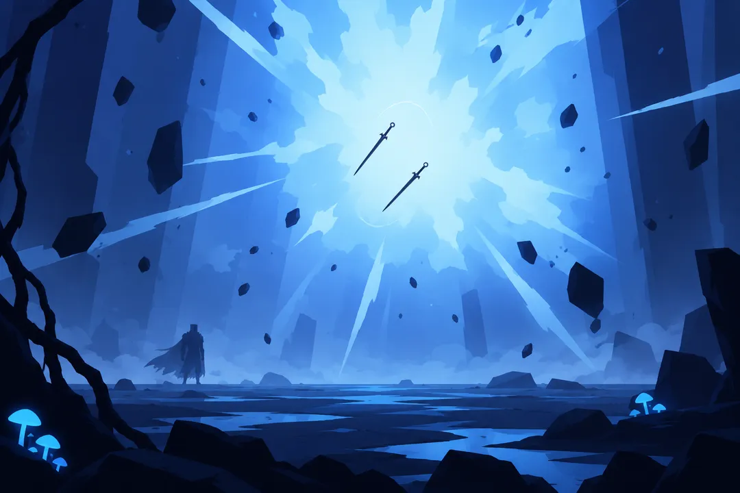 Wide shot of the twin thin dark blades tumbling alone through the air, small against the fading blue-white explosion light.