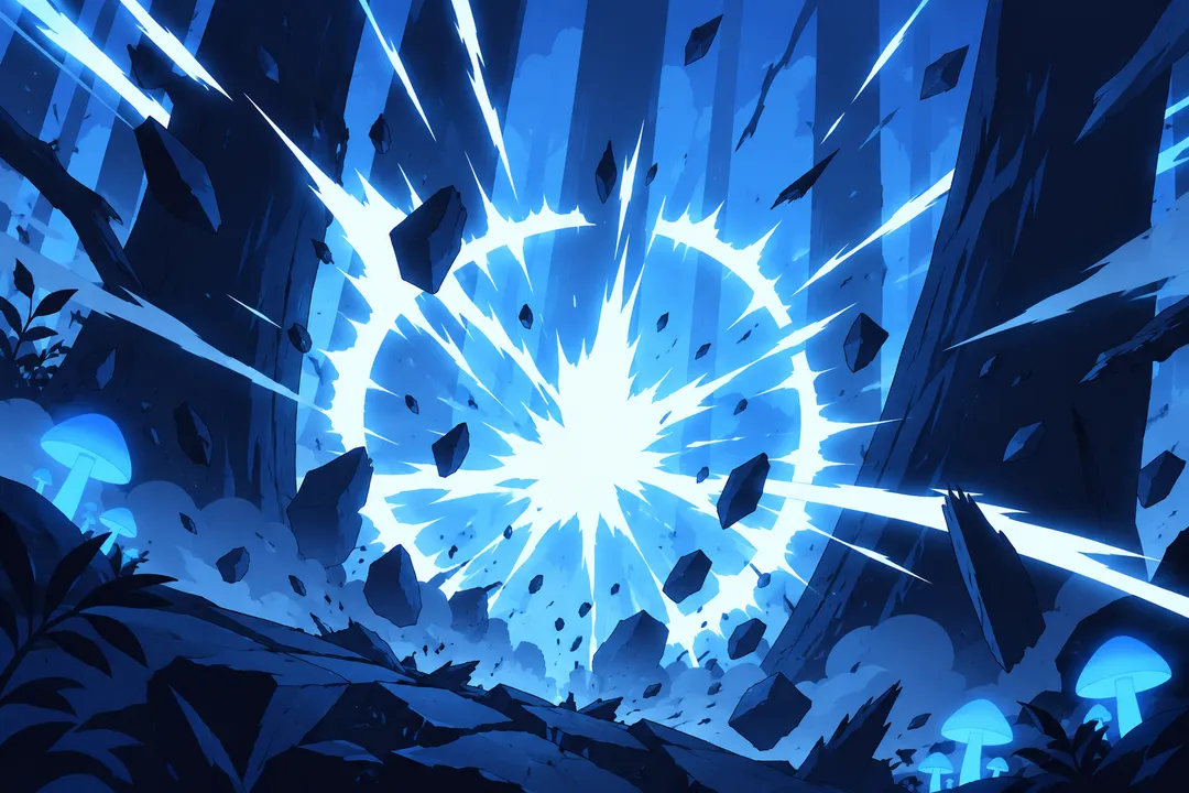 Extreme close-up on the exact point of contact deep among the tree trunks where the second explosion detonates.