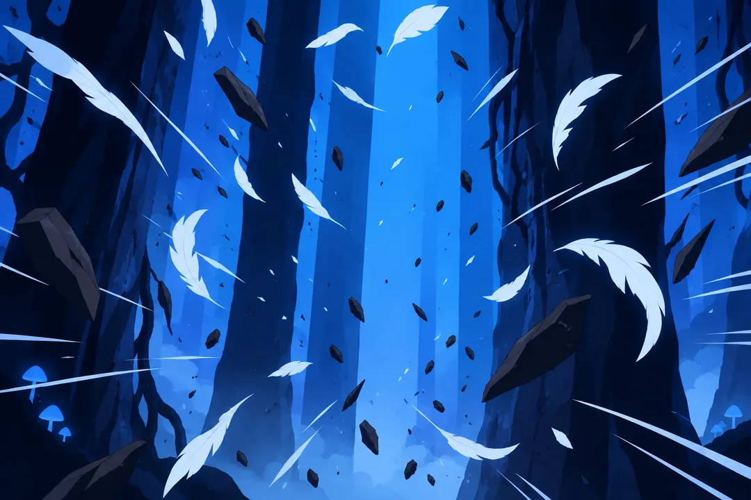 Detail of pale feather-like debris fragments and dark shards thrown outward between the tree trunks by the blast.